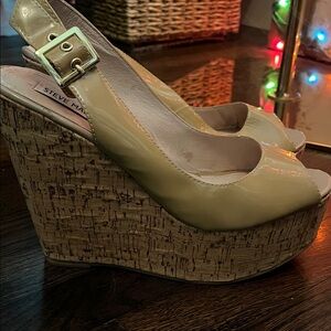 Steve Madden Tan Peep-Toe Wedges with leather upper